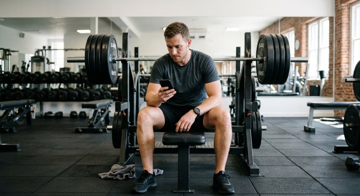 Homme assis sur un banc de musculation qui consulte son programme sur son téléphone entre deux séries