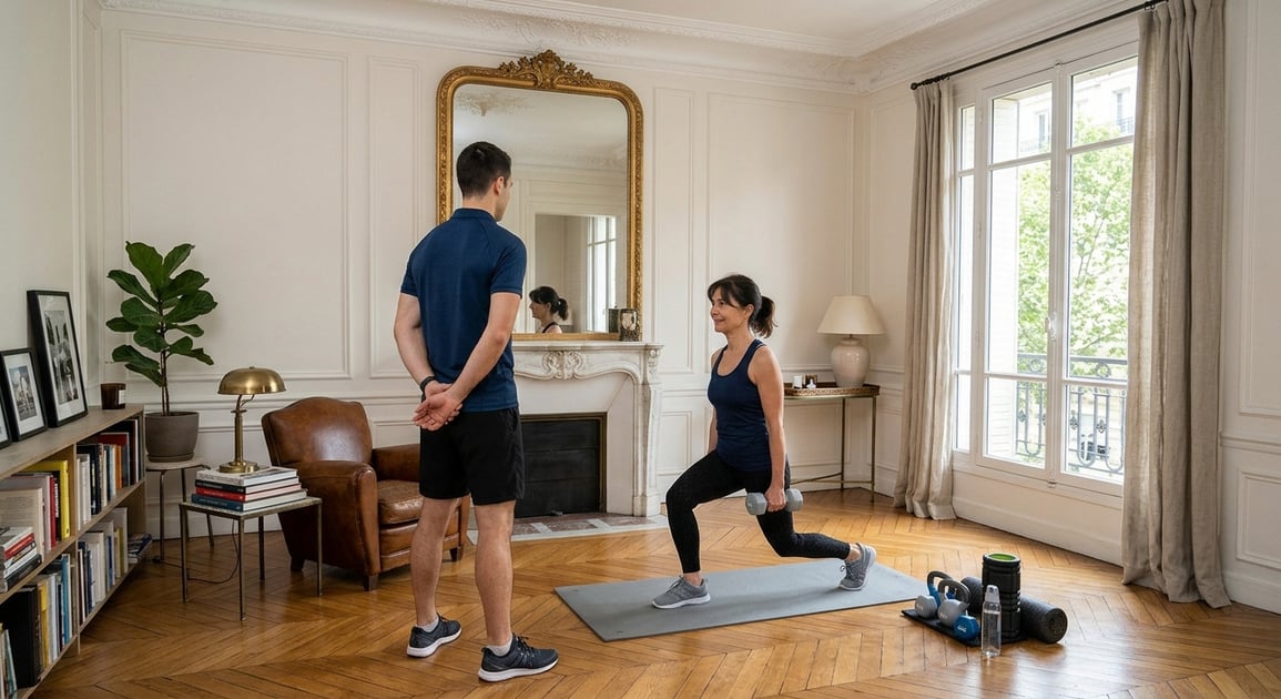 Coach sportif qui accompagne une cliente pendant une fente avec haltères dans un salon parisien